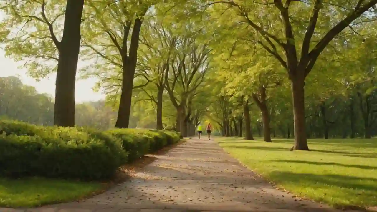 Parque soleado, corredor y horizonte lejano