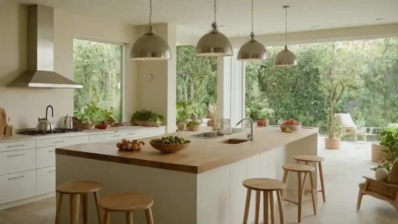 Luz cálida ilumina cocina moderna y serena