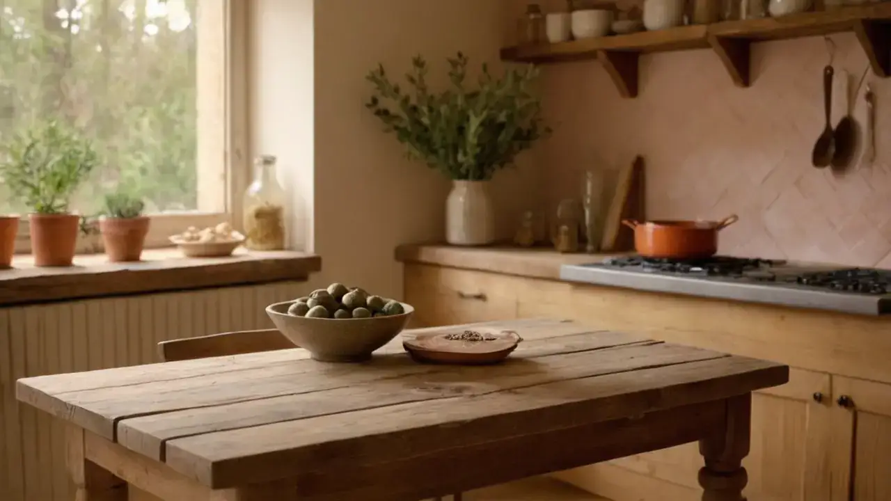 Luz cálida ilumina cocina rústica tranquila