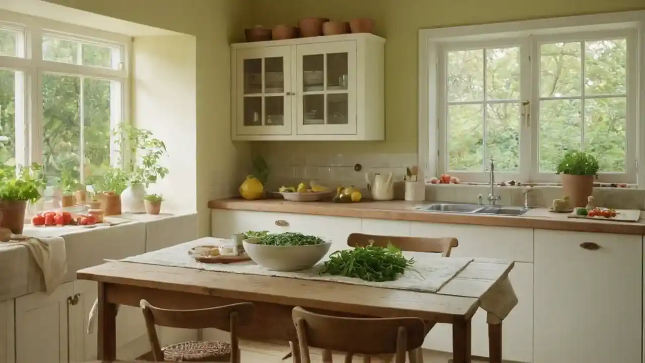 Cocina cálida, luz natural y calma