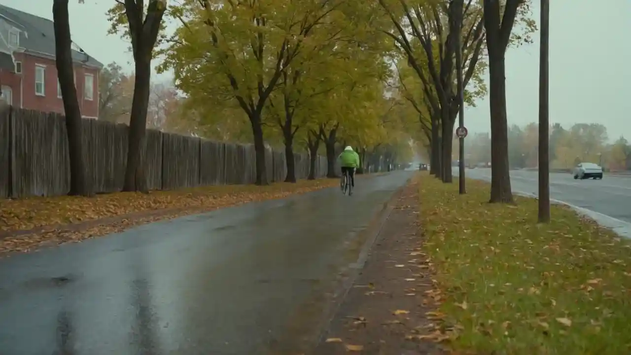 Ciudad húmeda, luz difusa, movimiento sutil