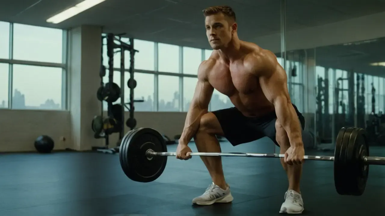 Atleta con barra en gimnasio iluminado