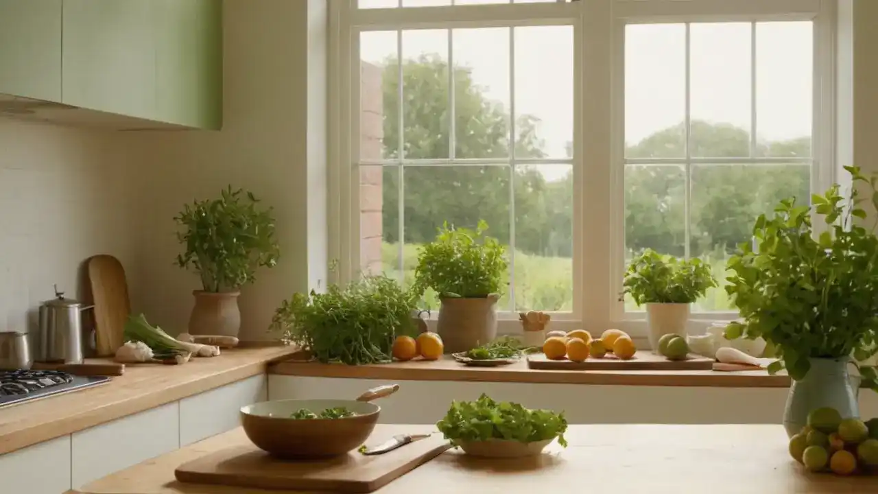 Luz cálida revela cocina rural y calma